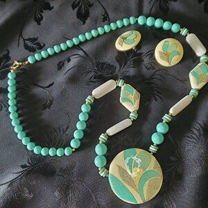 Beaded Necklace Pierced Earring Set Vintage 30" Chunky Floral Aqua Blue Long